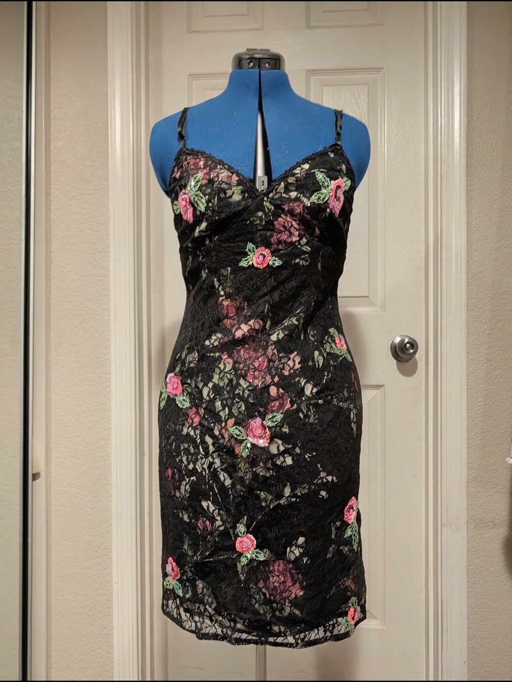 Nicole miller Lace Floral Slip Dress - Black with Pink & Green Embroidery